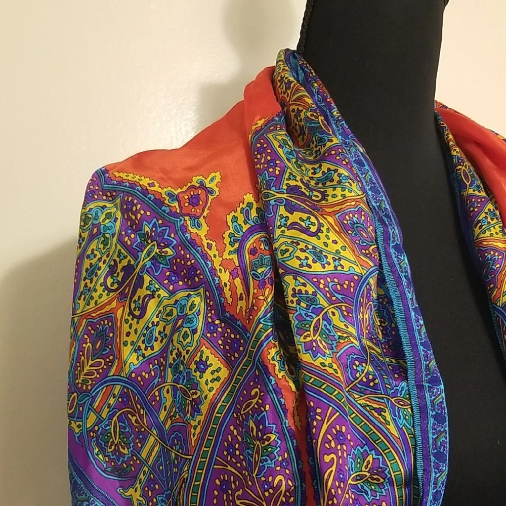 Vintage 100% Silk Vibrant Multicolor Paisley Square Scarf Art To Wear Artsy